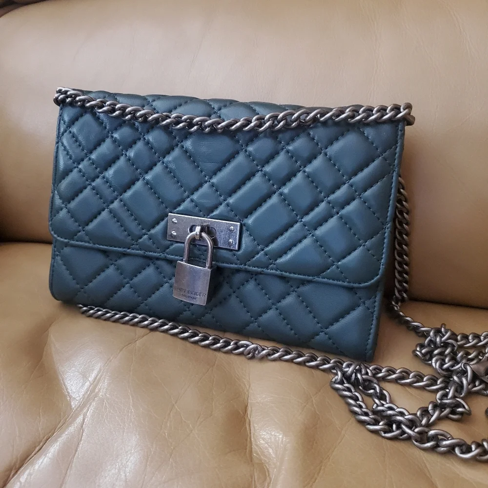 Kurt Geiger Brixton quilted forest green leather chain wallet crossbody lambskin